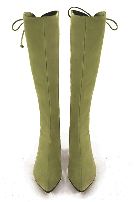 Pistachio green women's knee-high boots, with laces at the back. Tapered toe. Low flare heels. Made to measure. Top view - Florence KOOIJMAN